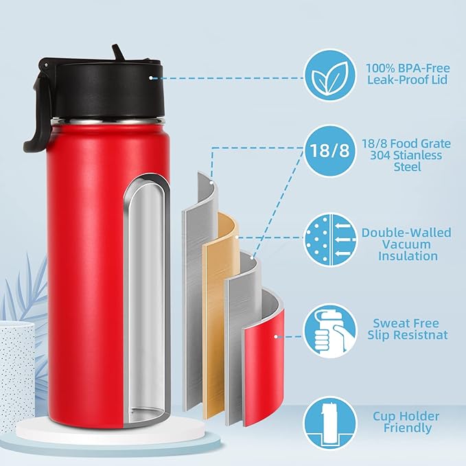 Volhoply 18oz Insulated Water Bottle Bulk 2 Pack,Kids Stainless Steel Water Bottles with Straw,Wide Mouth Reusable Metal Water Bottle,Double Wall Vacuum Sport Flask For Cold Drink(Red,2 Set)