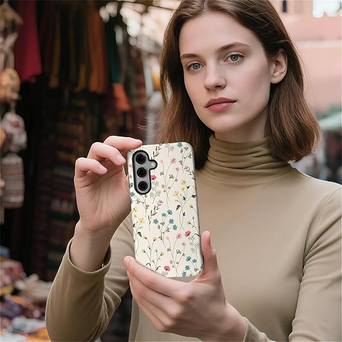 for Samsung Galaxy S23 FE Case,HL2 Beige Flower Branch Hybrid 2 Layer Hard Shell Silicone Protective Pattern Design Case