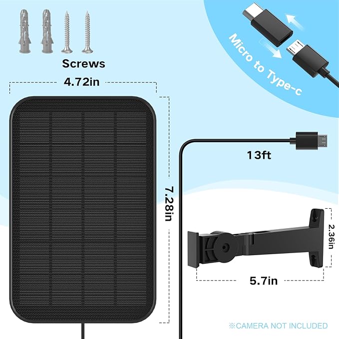 VIRTAVO 3.2W Solar Panel for Security Camera Compatible with Arlo Essential XL, Waterproof Solar Charger with 13ft Cable, 360° Adjustable Mount, Micro USB & USB-C for 5V Rechargeable Cameras