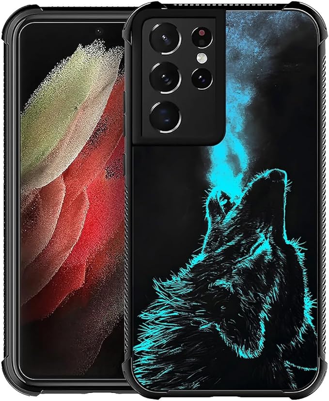 for Samsung Galaxy S21 Ultra Case, Blue Breathing Wolf Pattern Graphic Design Girl Boy Soft Silicone Hard Acrylic Shock Protection for Samsung Galaxy S21 Ultra