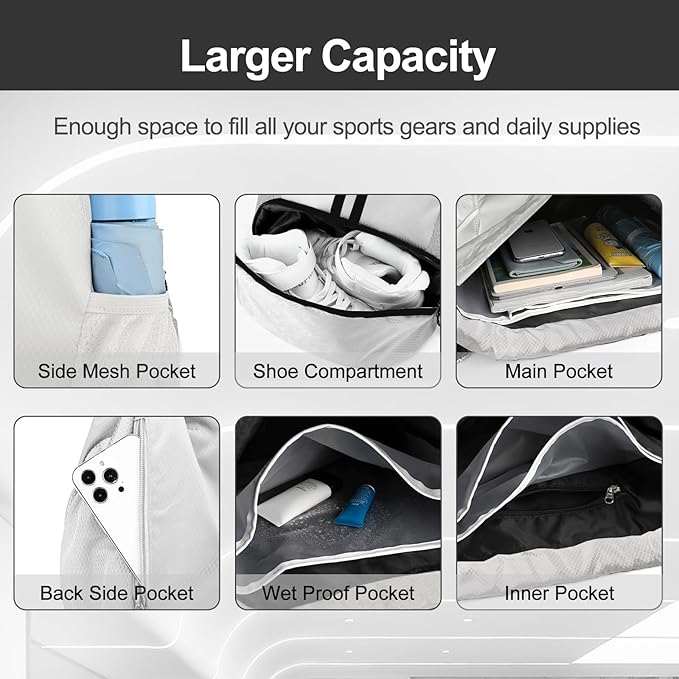 Hoedia Sports Drawstring Backpack - String Swim Gym Bag with Shoes Compartment and Wet Proof Pocket for Women/Men (White)