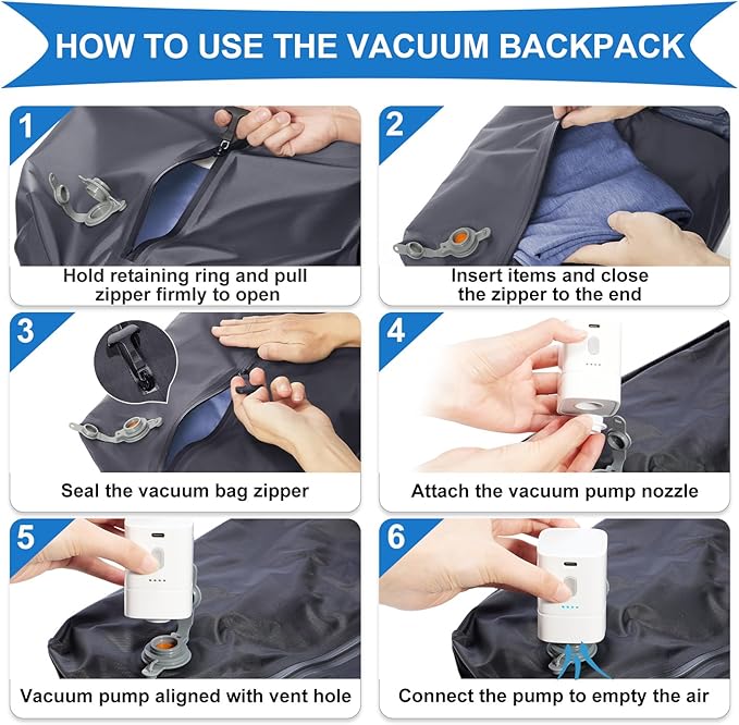 coowoz Vacuum Backpack Travel with Pump,Travel Backpack with Vacuum System For Women Men,Carry On Backpack,Hiking Backpack Waterproof Outdoor Sports Rucksack Casual Daypack,33L(Vacuum pump),Black