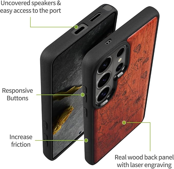 Carveit Magnetic Wooden Case for Samsung Galaxy S26 Ultra Case 2026, TPU Shockproof Cover & Wood Artisan Engraved, Compatible with MagSafe Wireless Chargers (World Map) Rosy