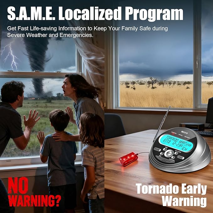 NOAA Weather Radio-S.A.M.E. Localized Programming,Weather Alert Radio with 80+ Emergency Alerts,Alarm Clock,NOAA Weather Radio with Battery Backup,External Warning Light for Emergency