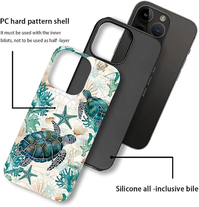 for iPhone 14 Pro Max Case,HH2 Ocean Sea Turtle Nautical Map Hybrid 2 Layer Hard Shell Silicone Protective Pattern Design Case