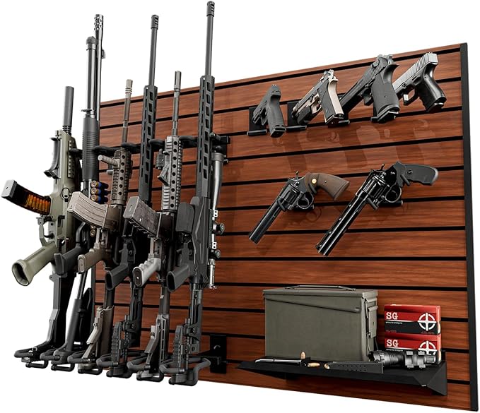 Hold Up Displays Gun Wall Mount Display, Modular Tactical Wall for 6 Pistols and 6 Rifles, Police Gear Rack and Equipment Organizer, Heavy-Duty Aluminum Black Walnut Slatwall Gun Storage System