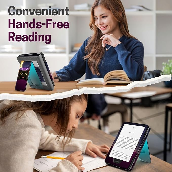 TNP Stand Case for Kindle Paperwhite 12th Generation 2024 / Kindle Colorsoft Signature Edition with Hand Strap & Card Slot - 7" PU Leather Protective Folio Cover with Auto Wake/Sleep, Cat Moon