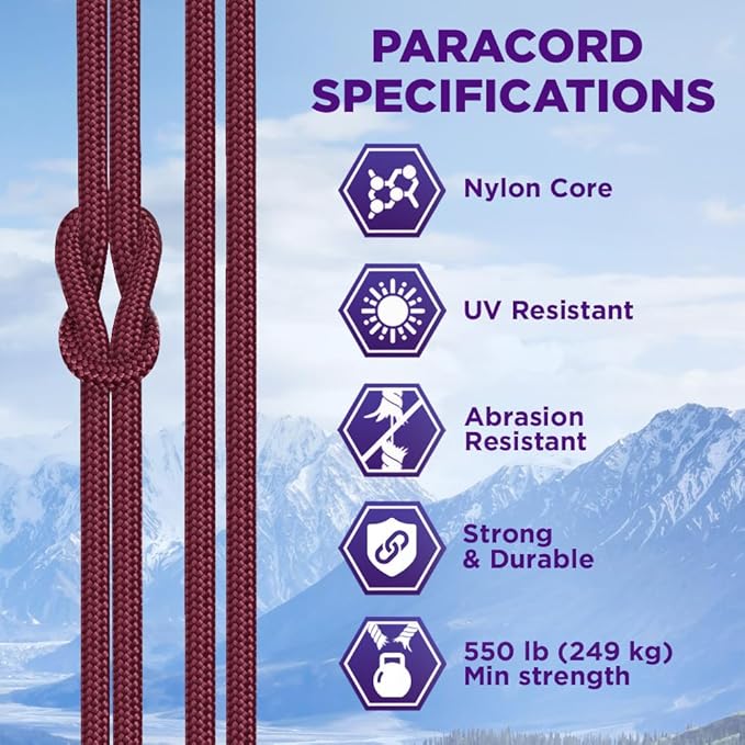 TECEUM Paracord Type III 550 Burgundi – 100 ft – 4mm – Tactical Rope MIL-SPEC – Outdoor para Cord –Camping Hiking Fishing Gear and Equipment – EDC Parachute Cord – Strong Survival Rope 067gd