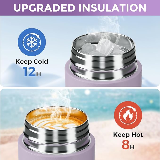 【Upgraded】Exllena Small Insulated Water Bottle 12 oz/350ml– Mini Insulated Water Bottle for Hot & Cold Drinks, Perfect Small Water Bottle for Travel, Purse...(Light Purple)