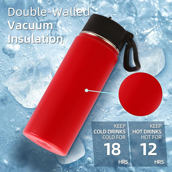 Volhoply 18oz Insulated Water Bottle Bulk 2 Pack,Kids Stainless Steel Water Bottles with Straw,Wide Mouth Reusable Metal Water Bottle,Double Wall Vacuum Sport Flask For Cold Drink(Red,2 Set)