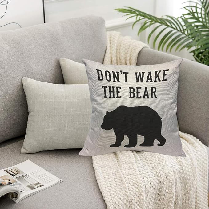 TKS MITLAN Don't Wake The Bear Decorative Pillow Covers Cool Animal Bear Black White Rustic Linen Throw Pillow Covers 18x18 Inch for Sofa Couch Decoration