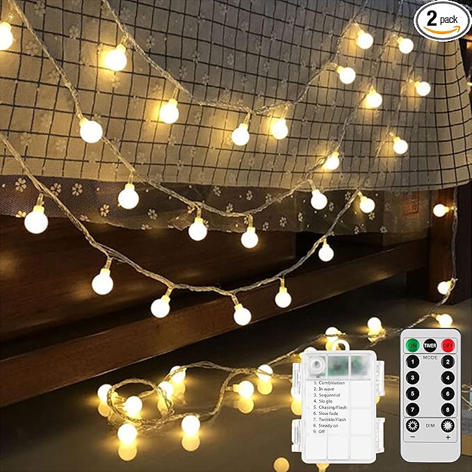 Battery Operated LED Globe String Lights, 2-Pack Total 52FT 120LEDs - Each 26FT 60LEDs 8 Mode Waterproof Christmas Fairy String Lights with Remote for Home Bedroom Garden Wedding Party Decoration