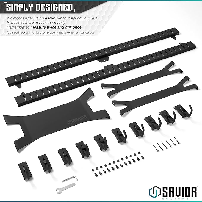Savior Equipment Horizontal Steel Wall Mount Firearm Rifle Display Rack, Compound Bow Shotgun Carbine Gun Sword Tactical Vest Gear Hanger Free-Standing Indoor Storage Organizer, 10 Mounting Hooks