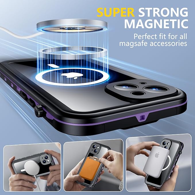 Red2Fire for iPhone 14 Case Waterproof, [Built-in Screen Protector & Camera Protector][Compatible with MagSafe][Full Body Shockproof][IP68 Waterproof][Dustproof] Phone Case 6.1" Purple/Clear