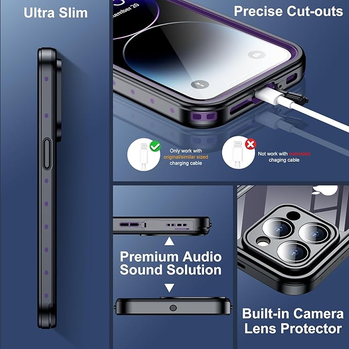 SPIDERCASE for iPhone 14 Pro Case Waterproof, Built-in Lens & Screen Protector, Full Heavy Duty Protection, 12FT Military Shockproof, Dustproof, Anti-Scratched Phone Case,Purple