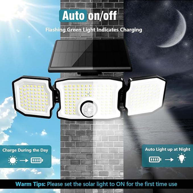 Solar Lights Outdoor Waterproof- 2800LM 200LED Solar Motion Sensor Lights, 3 Heads & 3 Modes Flood Lights, 270° Wide Angle Solar Powered Security Lights for Yard, Garage(4 Pack)