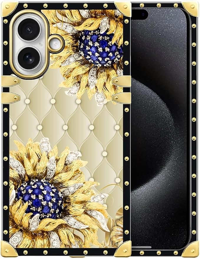 for iPhone 17 Case Luxury Golden Decoration for Girl Women Soft TPU Shockproof Protective Hard PC Back for iPhone 17 Crazy Pattern Sunflower Diamonds Leather