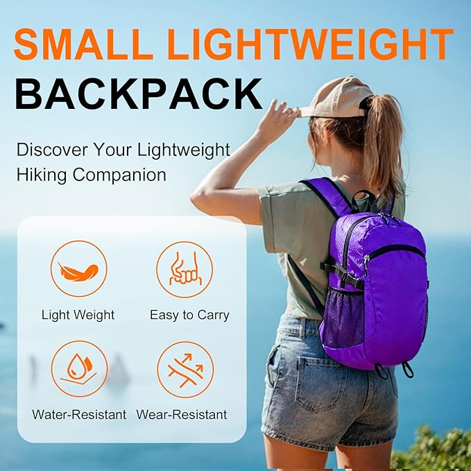 Small Hiking Backpack 15L Travel Lightweight Hiking Packable Daypack Water-Resistant Foldable Backpacks for Women Men Camping (Purple)