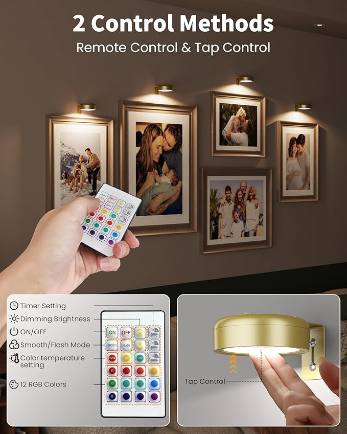 3 Pack Picture Lights for Wall,Wireless 2000mAh Rechargeable Magnetic LED Puck Lights with Remote,3 Color Temps and 12 RGB,Dimming & Timer,Art Frame Light for Painting Display,Photos,Wall Decor
