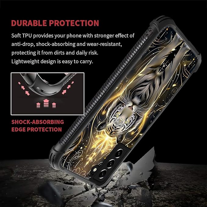 for Samsung Galaxy S21 Case, White Tiger Golden Mystery Pattern Graphic Design Girl Boy Soft Silicone Hard Acrylic Shock Protection for Samsung Galaxy S21