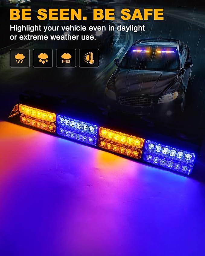 HLauto 6Z4J Emergency Dash Strobe Lights: 2x16.8 inch Blue Amber Safety Lights, 48 LED Flashing Warning Hazard Interior Windshield Visor Traffic Light Bar for Trucks, Construction Vehicles