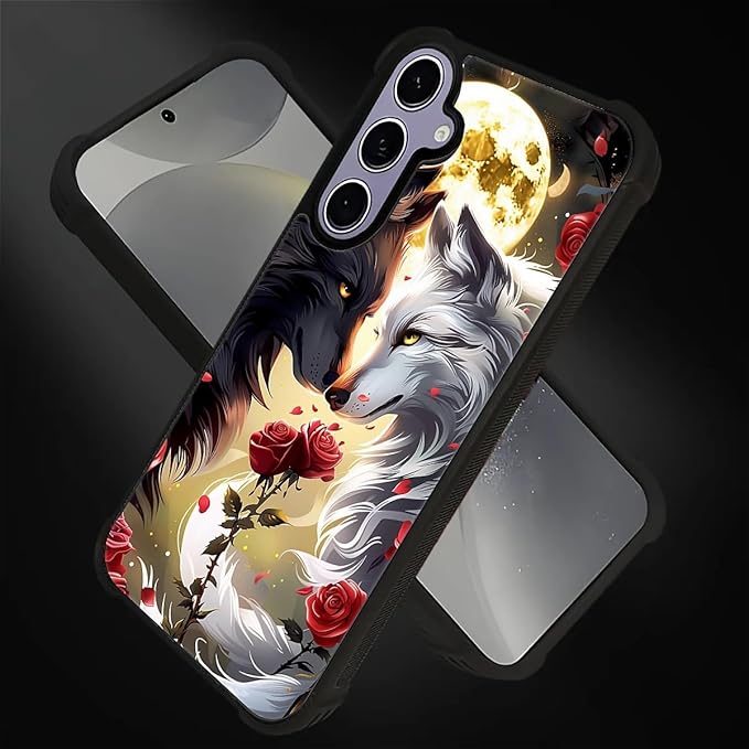 for Samsung Galaxy S24 S25 Case, Black White Wolf Moon Flower Rose Pattern Graphic Design Girl Boy Soft Silicone Hard Acrylic Shock Protection for Samsung Galaxy S24 S25