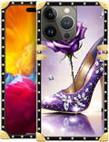 Compatible with iPhone 15 Pro Case, High Heeled Purple Diamond Rose Luxury Golden Decoration for Girl Women Soft TPU Shockproof Protective Hard PC Back for iPhone 15 Pro