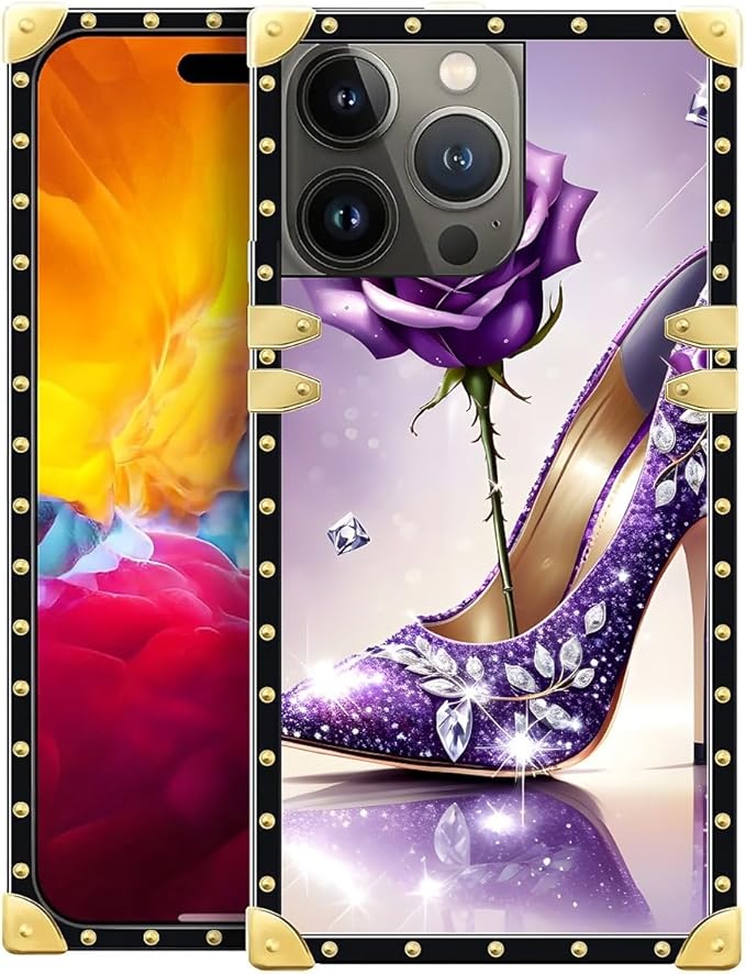 Compatible with iPhone 15 Pro Case, High Heeled Purple Diamond Rose Luxury Golden Decoration for Girl Women Soft TPU Shockproof Protective Hard PC Back for iPhone 15 Pro