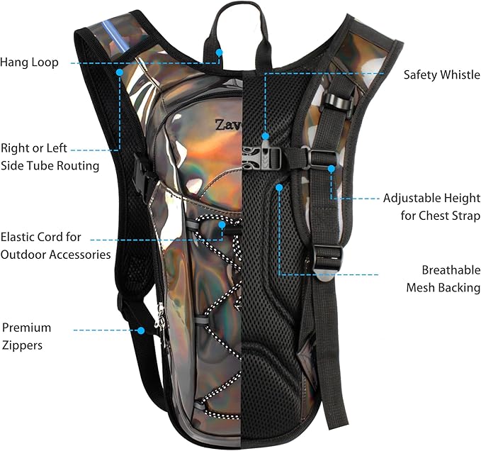Reflective Hydration Backpack, Hydration Pack - Water Backpack with 2L Hydration Bladder, Essential for Festivals - Rave Hydration Pack for Hiking, Running, Cycling, and Festivals