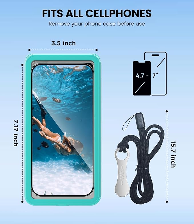 WIFORT Waterproof Phone Case with Lanyard, Underwater Phone Cases for Snorkeling/Diving/Swimming/Filming, IP68 Water Proof Touchscreen Case for All Cell Phones: iPhone/Samsung/Moto/Pixel - Teal