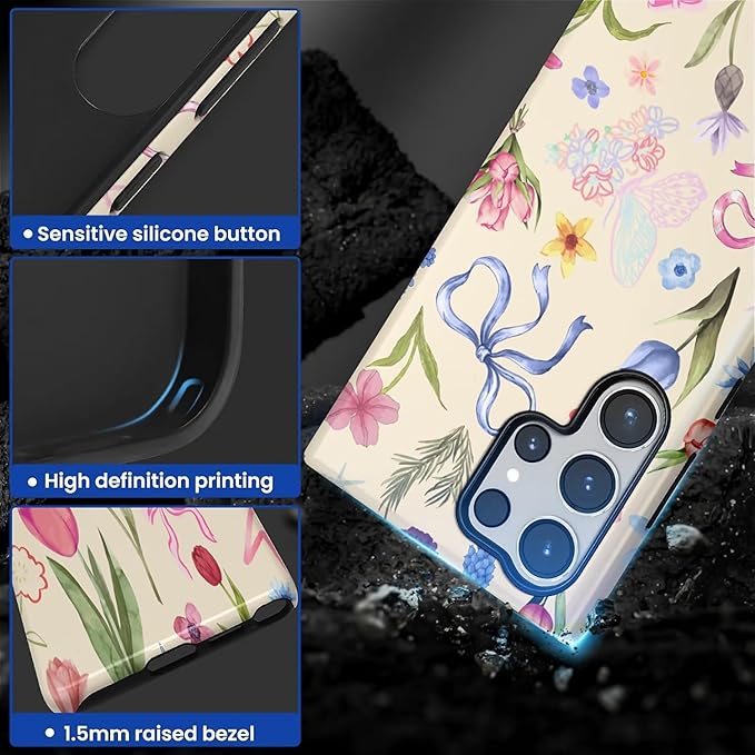 for Samsung Galaxy S23 Ultra Case,HL2 Aesthetic Flower Preppy Collage Hybrid 2 Layer Hard Shell Silicone Protective Pattern Design Case