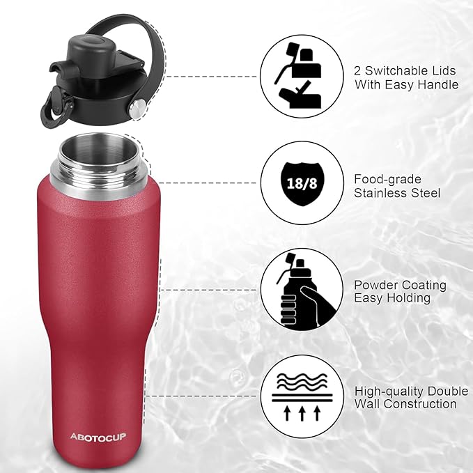 ABOTOCUP 32oz Insulated Water Bottle Keep Cold 24h&Hot 12h, Double Wall Vacuum Insulated Water Bottles with Straw/Spout Lid, Stainless Steel Water Bottles that Fit in Any Car Cup Holder, Leak-proof