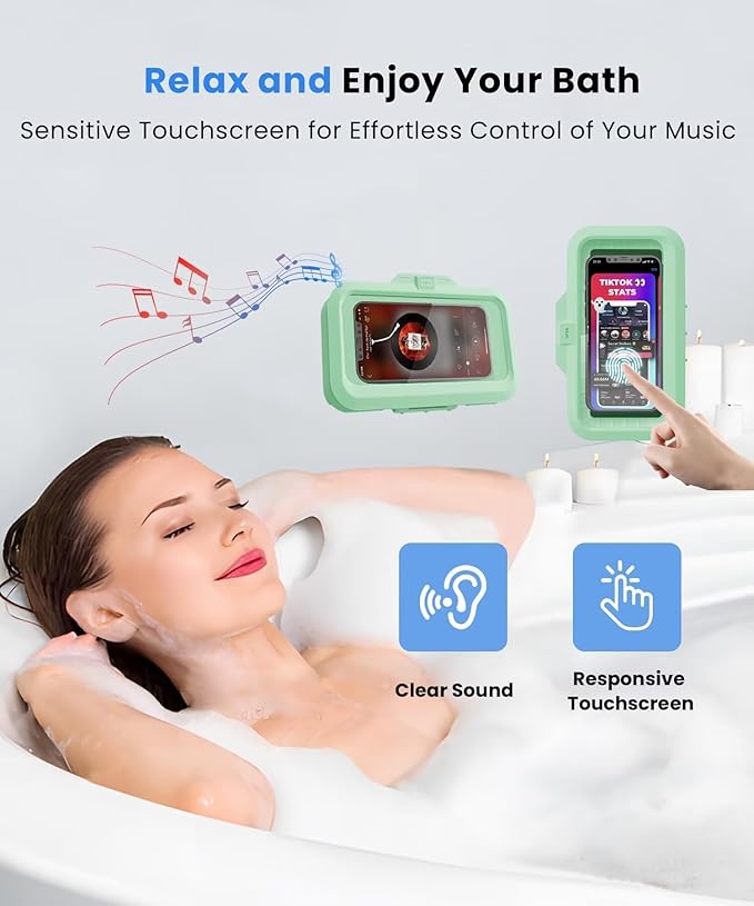 URROY Shower Phone Holder Waterproof One-Touch Open Shower Phone Case Anti-Fog & Sensitive Touchscreen Bathroom Wall Phone Mount Stand Universal Fit for iPhone & Smartphones Gift for Men Women Green