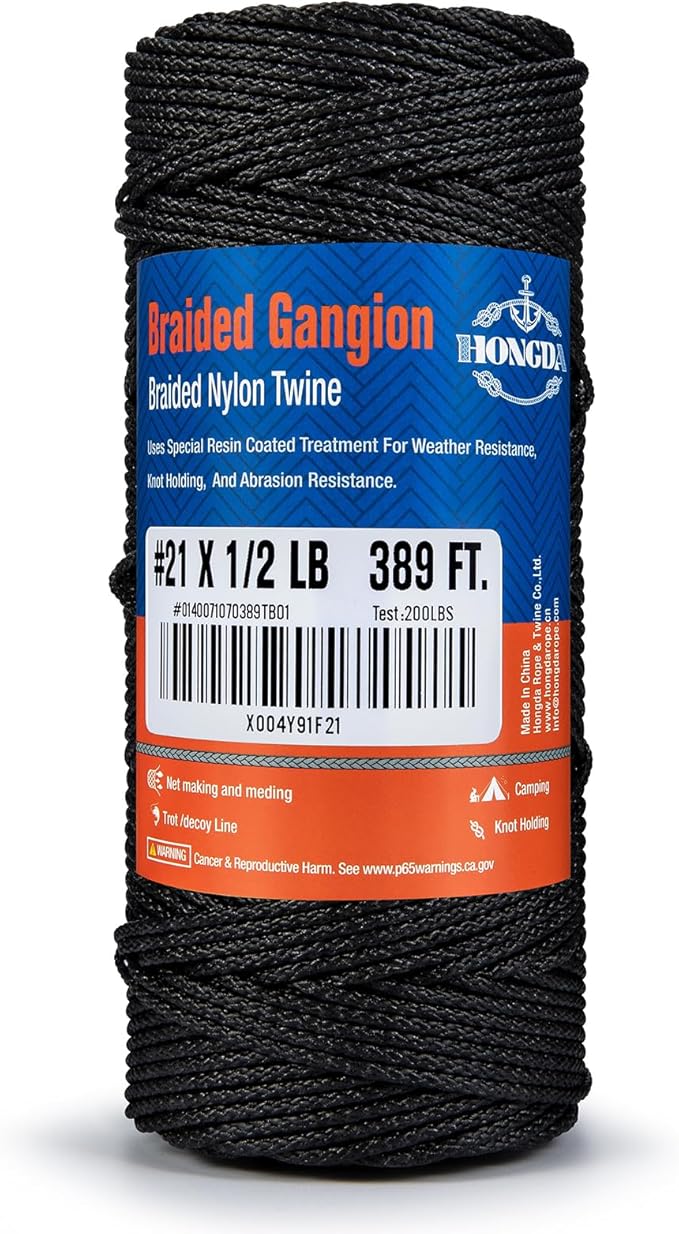 HONGDA #21 Braided Bank Line Twine, Braided Nylon String, 389 Feet Bank Line, Black Tarred String for Gardening, Construction, Gear Tying, Jungle Survival