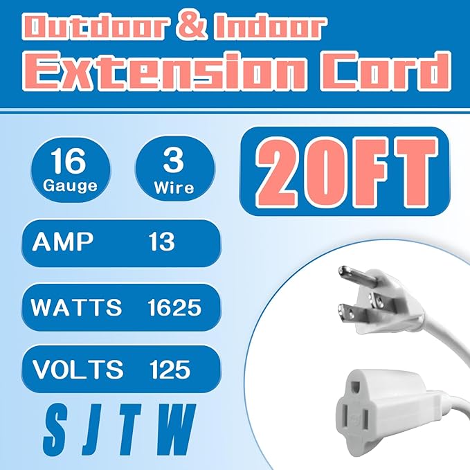 Indoor Outdoor Extension Cord 20 FT, 16/3 SJTW Weatherproof White Electrical Cords, 13 AMP Heavy Duty 3 Prong Power Cable Great for Garden, Landscaping & Holiday Decorations