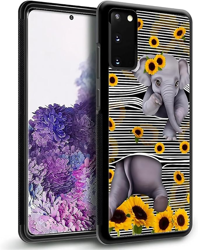 for Samsung Galaxy S20 Plus Case, Cute Little Elephant Sunflower White Line Art Pattern Graphic Design Soft Silicone Hard Acrylic Shock Protection for Samsung Galaxy S20 Plus
