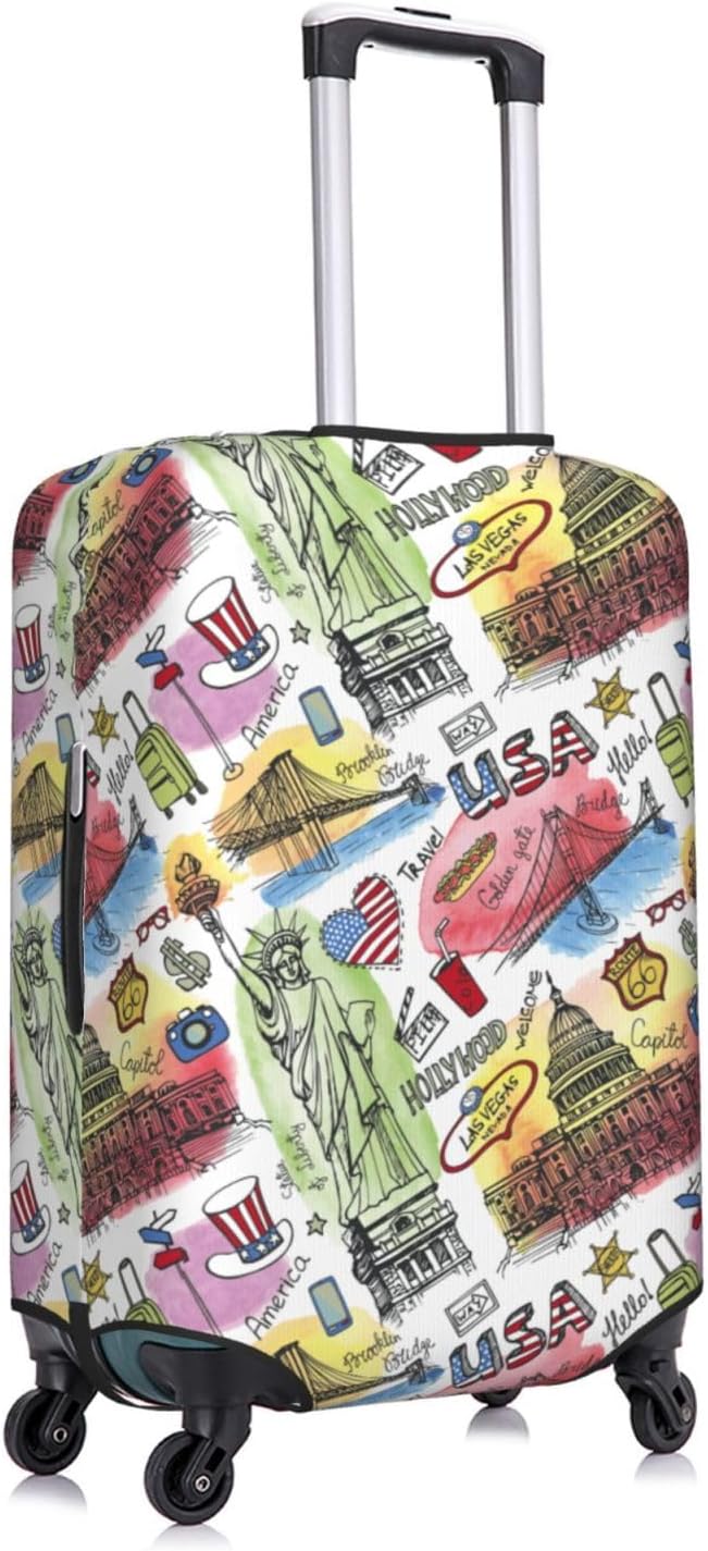 USA Landmarks Print Elastic Luggage Cover, Suitcase Protector For Travel (Fits 25-28 Inch Luggage)