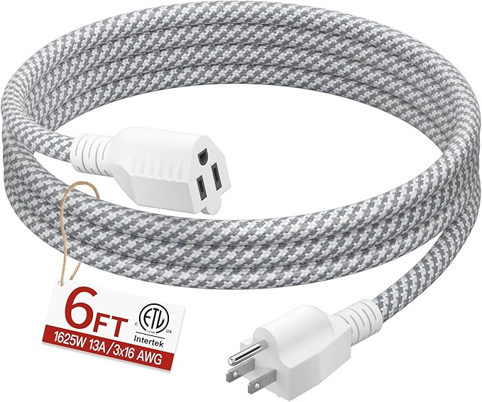 16/3 Braided Extension Cord 6 FT, Braided Extension Cord Flexible & Durable, Indoor 3 Prong Power Cable, Suitable for Home and Office, 13 Amp 1625 Watt 125VAC 16AWG, ETL Listed