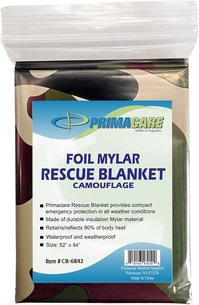 Primacare CB-6842-10 Emergency Mylar Thermal Blankets 10 Pack – 84"x52" Waterproof Space Blankets for Survival, First Aid, Camping, Hiking, Outdoor & Emergency Use – Lightweight Camouflage Design