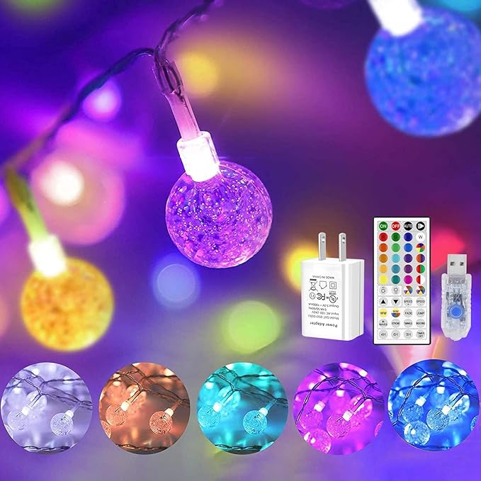 OMIKA Color Changing Indoor String Light USB Plug, 16.5ft 50 LEDs Crystal Globe Fairy Lights with Remote Timer Ambient Lighting for Girls Bedroom Home Xmas Halloween Party Decor (24 Colors+Warm White)