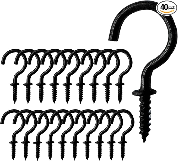 Spiral Ceiling Hook (7/8in Black 40pcs) - Stainless Steel Cup Hook Screw-in Lightweight Hook for Christmas Light Ceiling Indoor/Outdoor Suspension, Rustproof, Instant Install