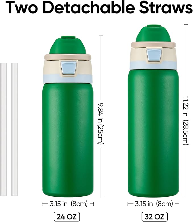 Fijinhom 24 oz Insulated Water Bottle with 2-in-1 Straw and Spout Lid, Stainless Steel Double Wall Vacuum Flask, Sports Water Bottle Keeps Cold 24H, Leak Proof for Gym, Outdoor, Travel (Green)