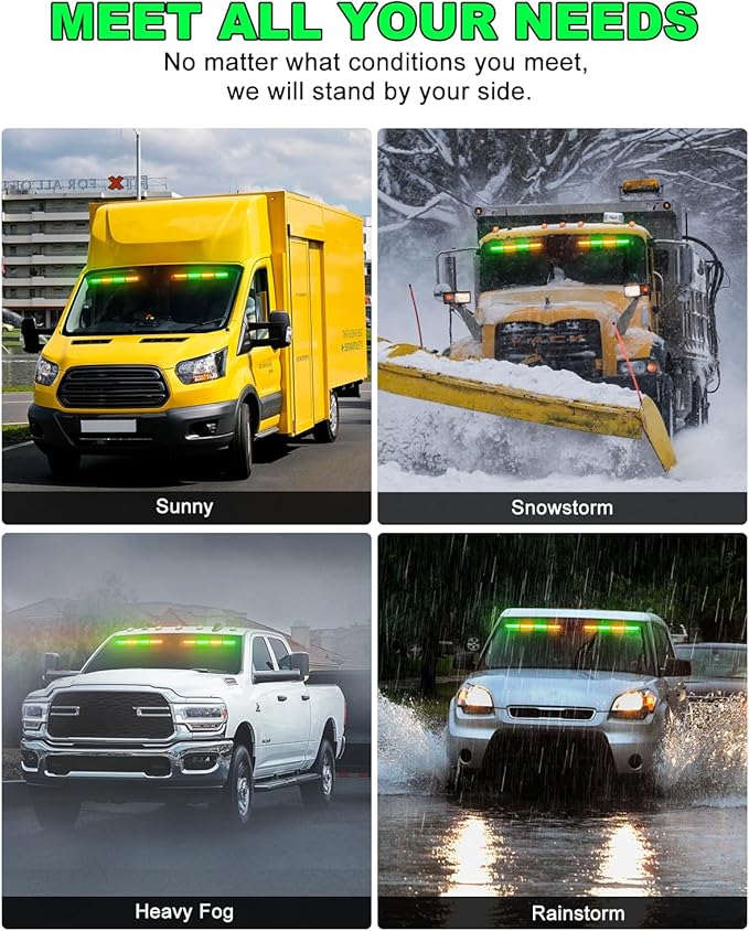 HLauto 6Z4J Emergency Dash Strobe Lights: 2x16.8 inch Green Amber Safety Lights, 48 LED Flashing Warning Hazard Interior Windshield Visor Traffic Light Bar for Trucks, Construction Vehicles