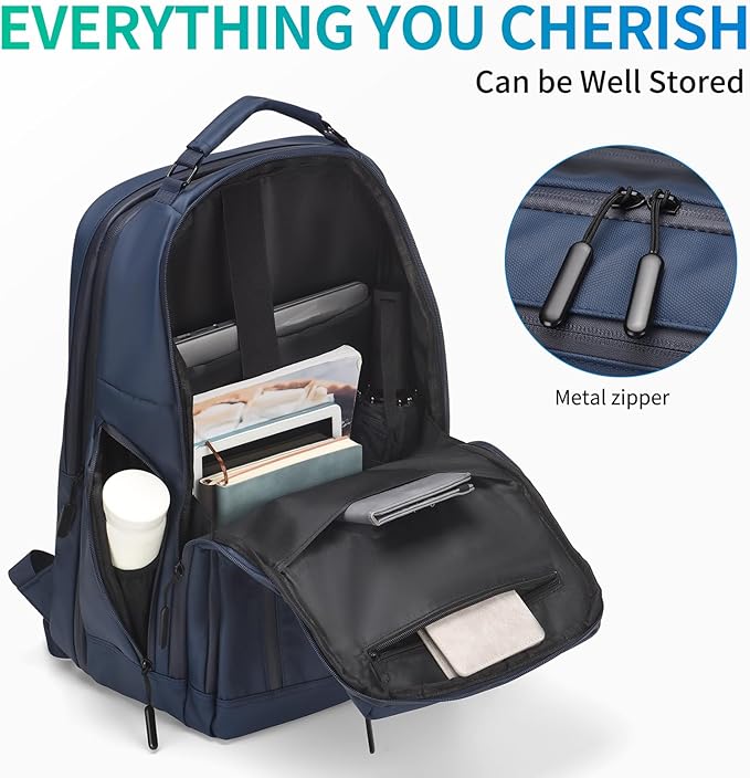 Expandable Business Backpack with 17" Laptop Compartment - Waterproof, Airline Approved, 33L-42L Capacity, for Work & Travel, Blue