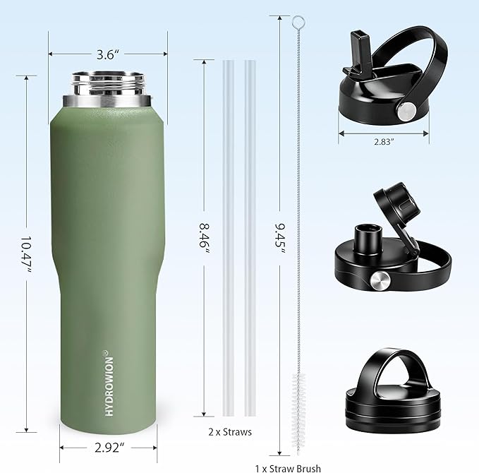 HYDROWION Water Bottle Stainless Steel,Vacuum Insulated Leak Proof Tumbler 32oz with Straw Lid, Spout Lid and Flex Cap(Cold for 48 Hrs, Hot for 24 Hrs), Fit in Any Car Cup Holder, Moss