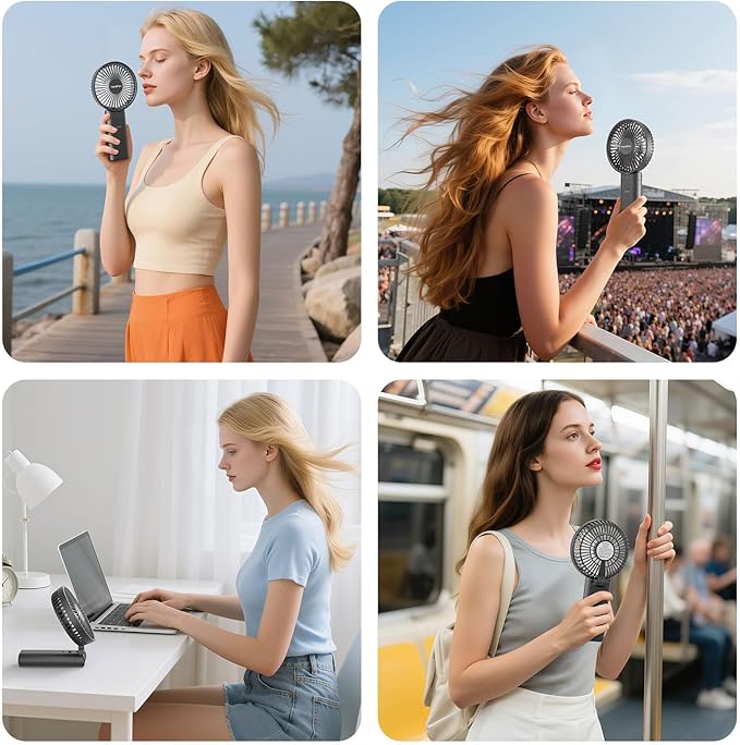 HandFan Upgraded 10,000 mAh Quiet Handheld Fan - 4.5 Inch Large Hand Held Fans Reahargeable, 180° Foldable Portable Fan [30 Working Hours] with Lanyard, Base for Disney/Travel/Concerts/Beach/Office