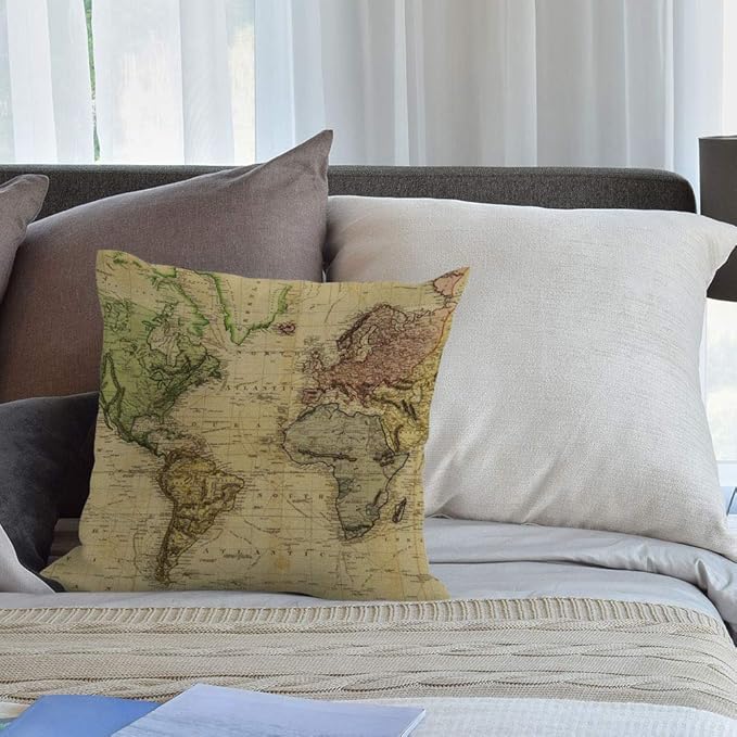 HGOD DESIGNS Cotton Linen Decorative Throw Pillow Case Cushion Cover Vintage Map of The World 18" X 18"