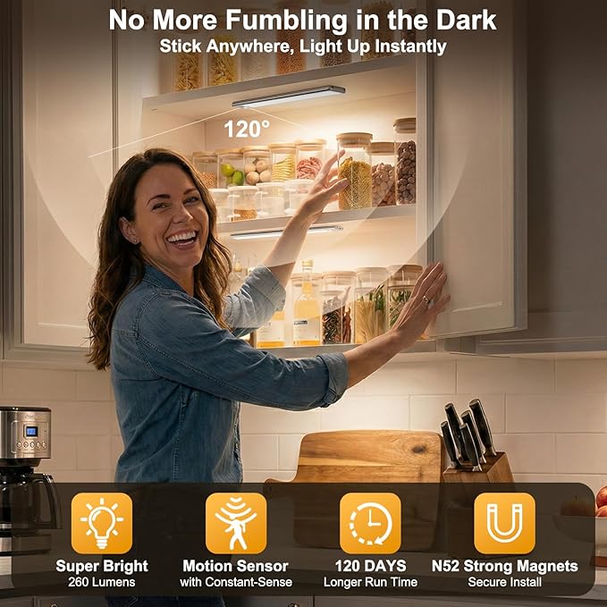 Reoshine 126 LED Under Cabinet Lighting Wireless, 2500mAh Rechargeable Closet Lights Motion Sensored, 3 Color Temps, Dimmable Magnetic Light Bar for Kitchen, Pantry, Stair (2 Pack)