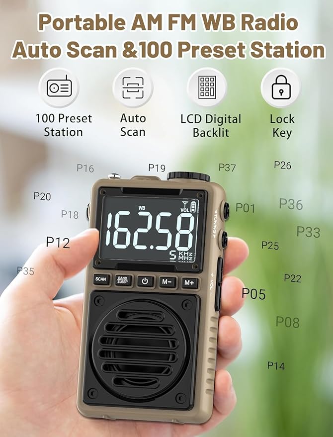 Digital AM FM Weather Band Radio 851mAh Rechargeable Portable Pocket Radio with Best Reception,Flashlight,LCD Screen, Back Clip,Stereo Earphone Jack, SOS Alarm,Sleep Timer for Jogging（Brown）
