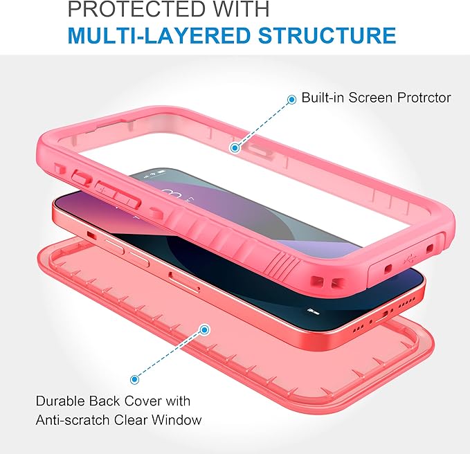 SPORTLINK for iPhone 13 Pro Waterproof Case - Full Body Shockproof Dustproof Phone Screen Protector Rugged Waterproof Case for iPhone 13 Pro 6.1 Inches Pink